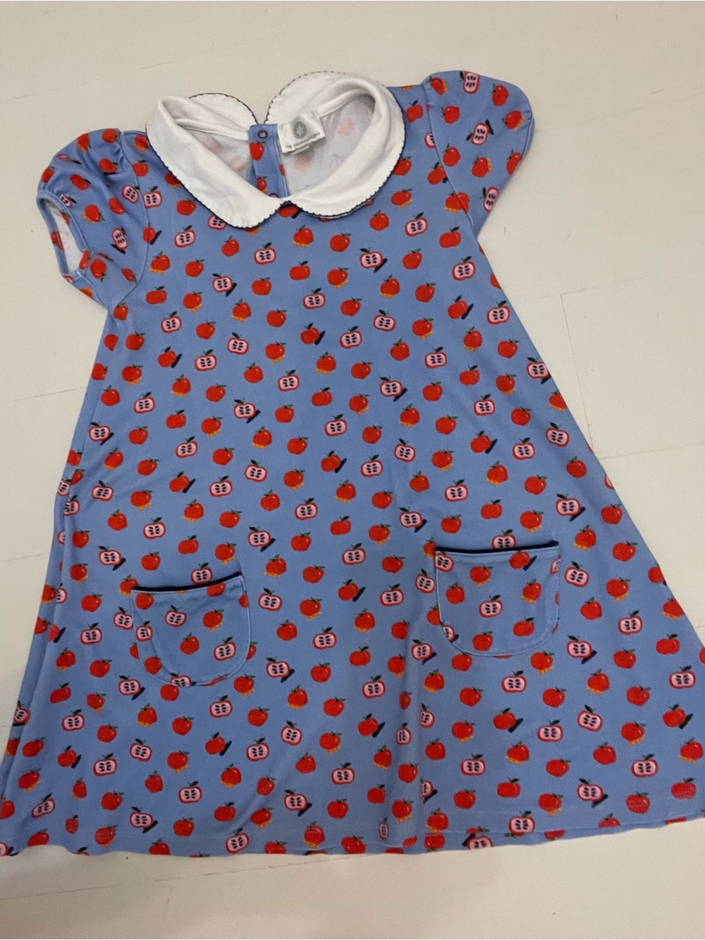Blue Apple-Print Girls' Dress with White Peter Pan Collar